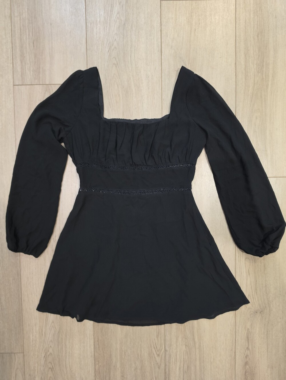 Lulus Black Mini Dress M Square Neck Puff Sleeve Lace Waist Romantic